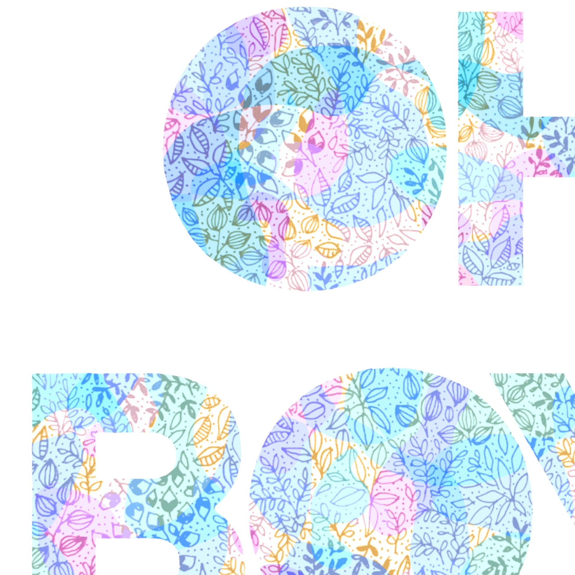 Image shows illustration of the saying OH BOY!. Image is multicoloured with the main colours being pink, blue, yellow, green and purple. Image is shown in a close up view to show the detail of the leaves that are drawn within the letters. 