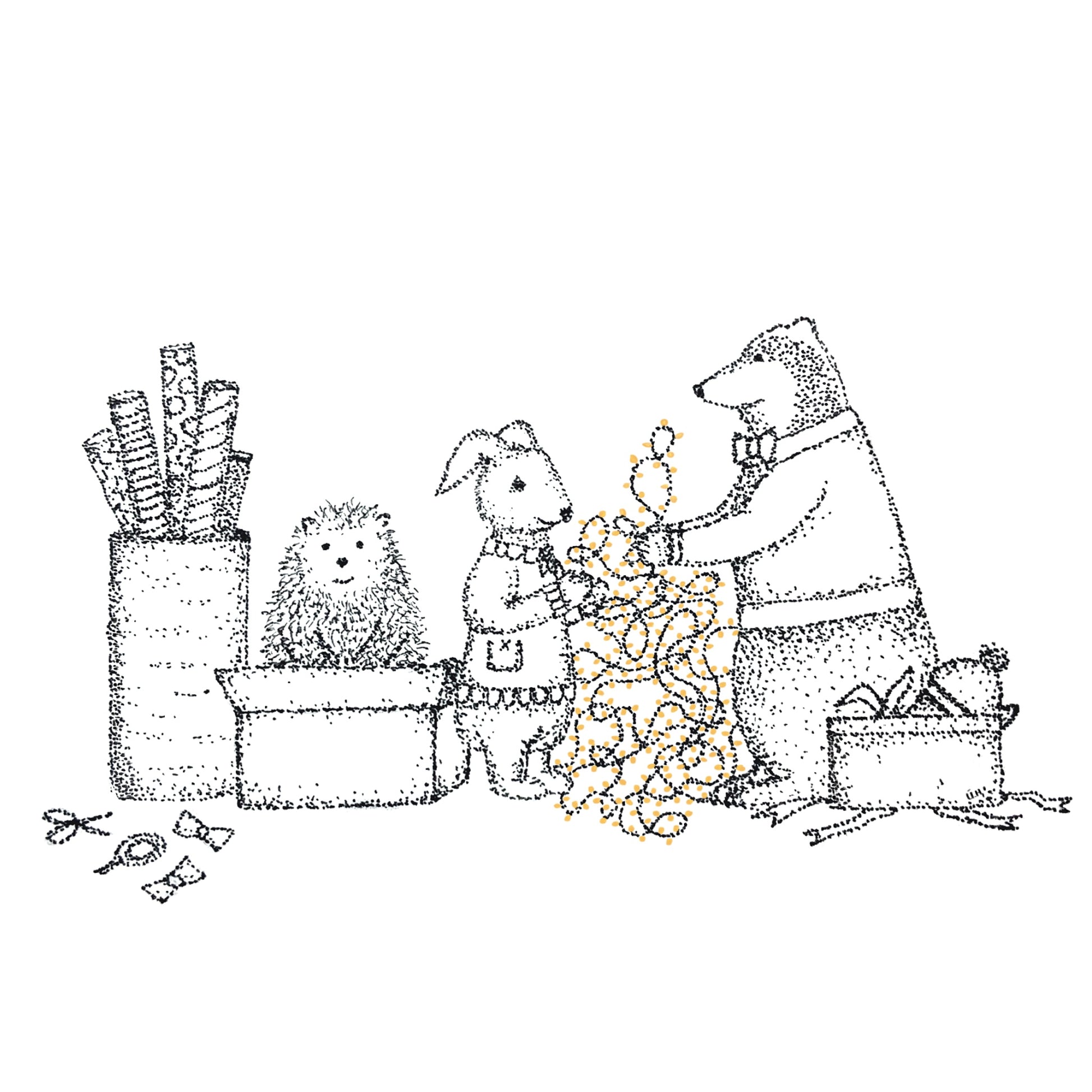Image shows 3 woodland animals gift wrapping presents for Christmas. The illustration is made from dotted art drawings. Image is shown with a plain white background to shown how purchased. 