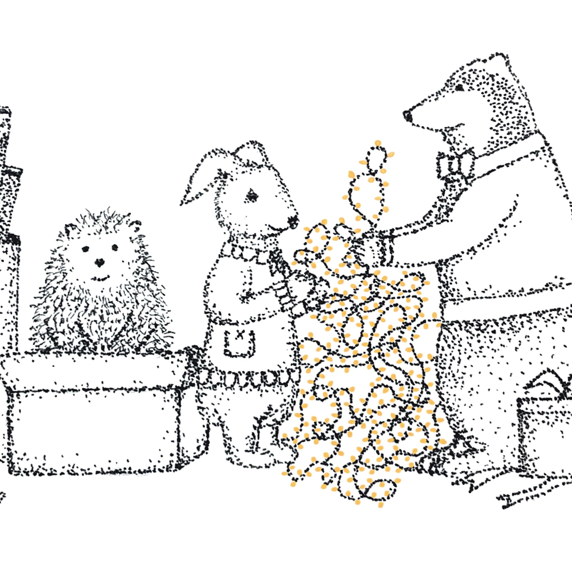 Image shows 3 woodland animals gift wrapping presents for Christmas. The illustration is made from dotted art drawings. Image is shown in a close up view to display the detailed drawing and colour in the yellow lights. 