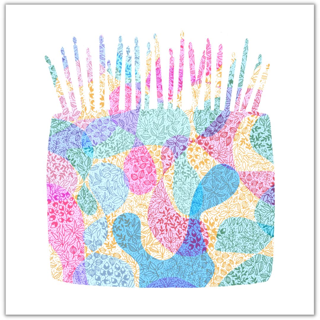 Image shows colourful birthday cake with several candles on top. Image is drawn from red green blue and yellow floral drawings. Image is laid on white page background.