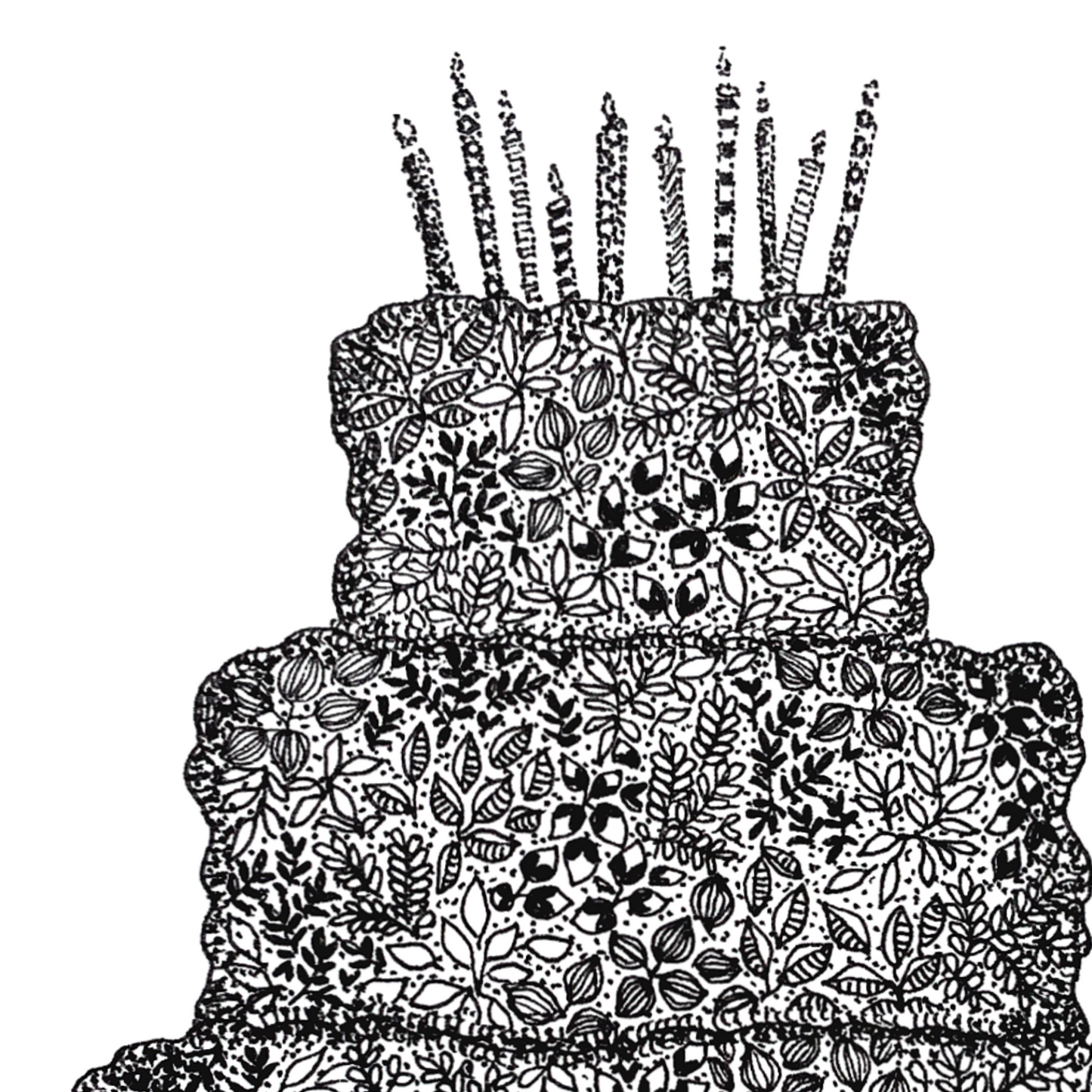 Image shows top two tiers of a birthday cake. 10 candles on top of the cake and great detail to be seen. 