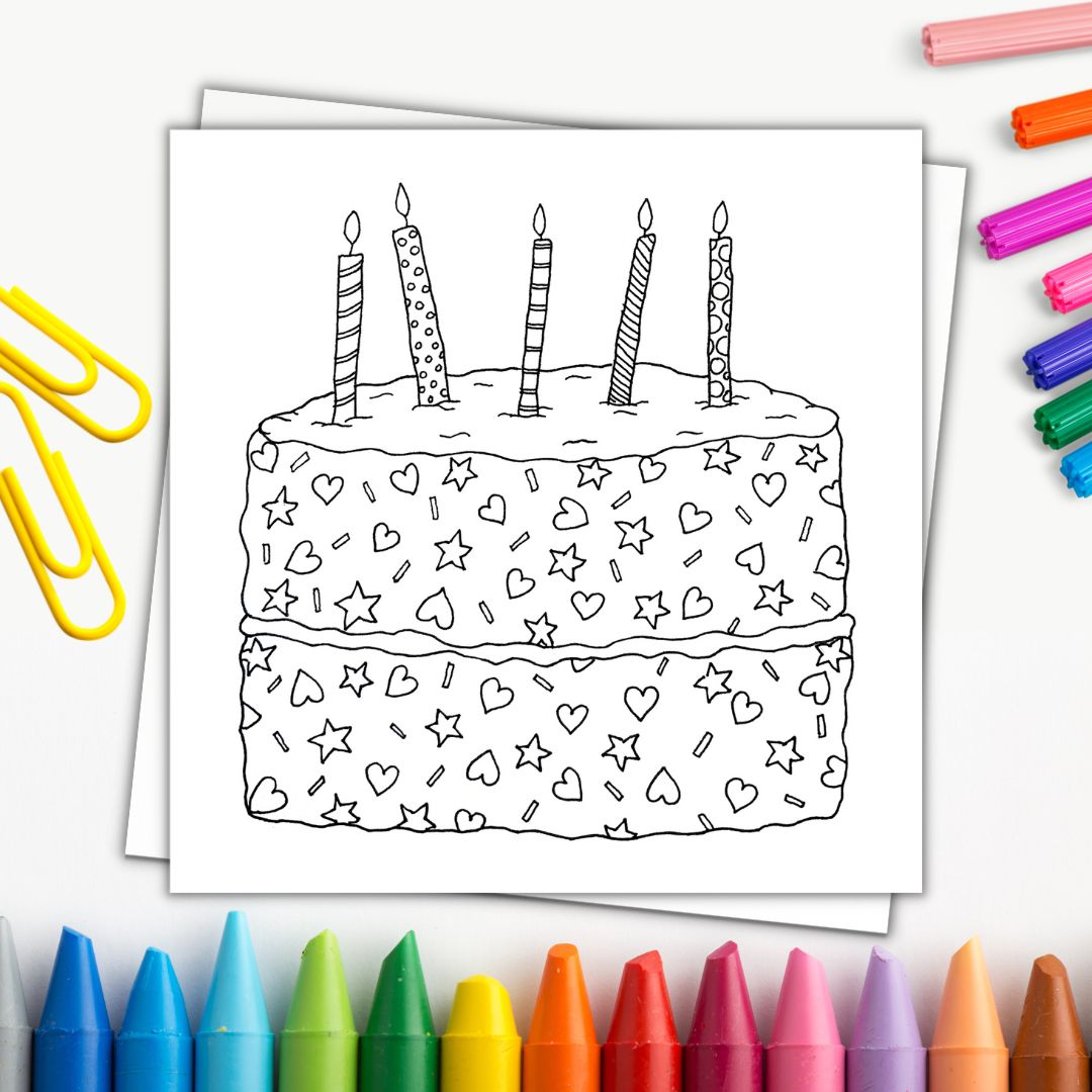 Image shows a colour in birthday cake illustration. Illustration is a 2 tier birthday cake with 5 candles and there are many multi coloured crayons and markers surrounding the image. 