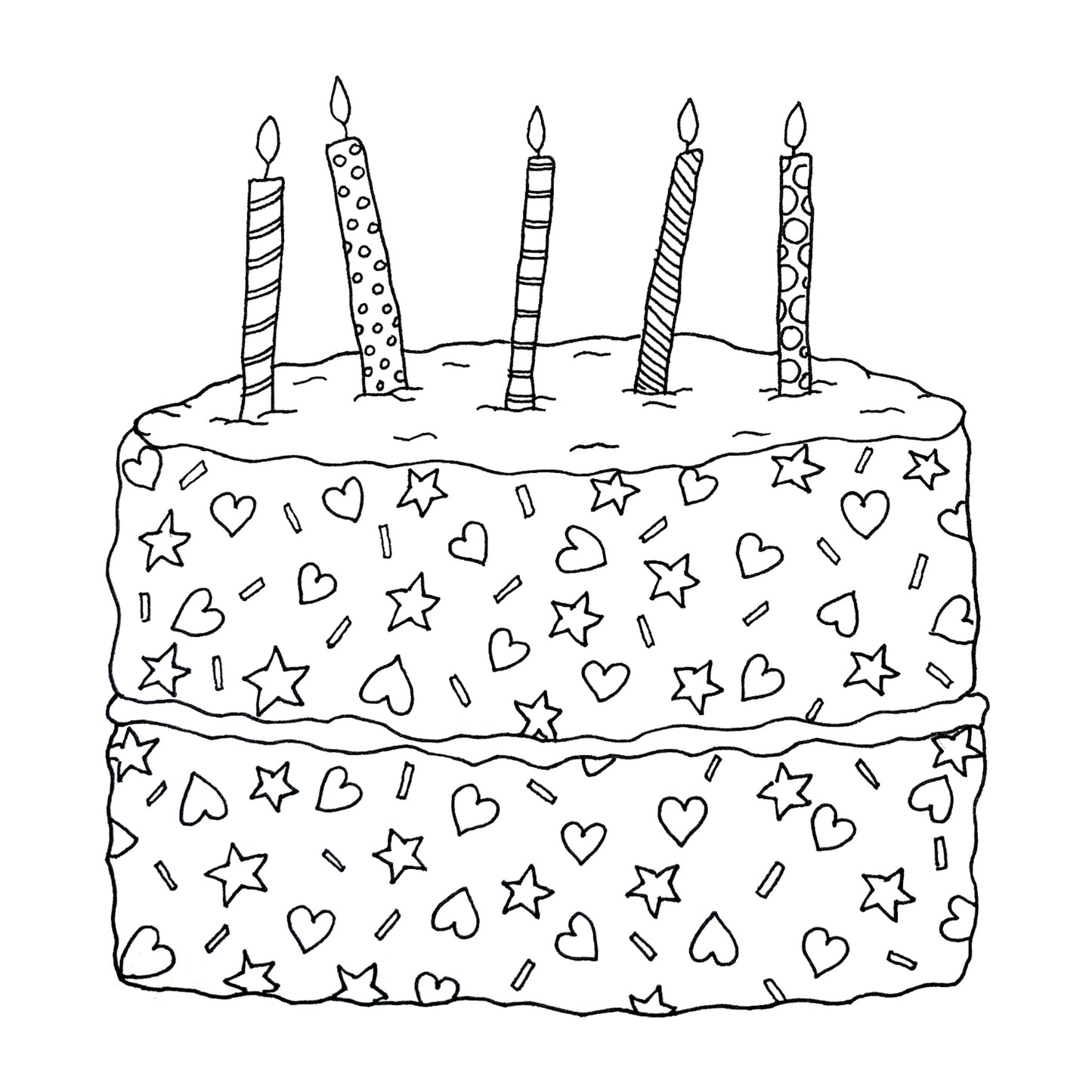 Illustration shows a 2 tier birthday cake made from sprinkles, hearts and stars with 5 candles made with stripes and dots. image is entirely black and white. 