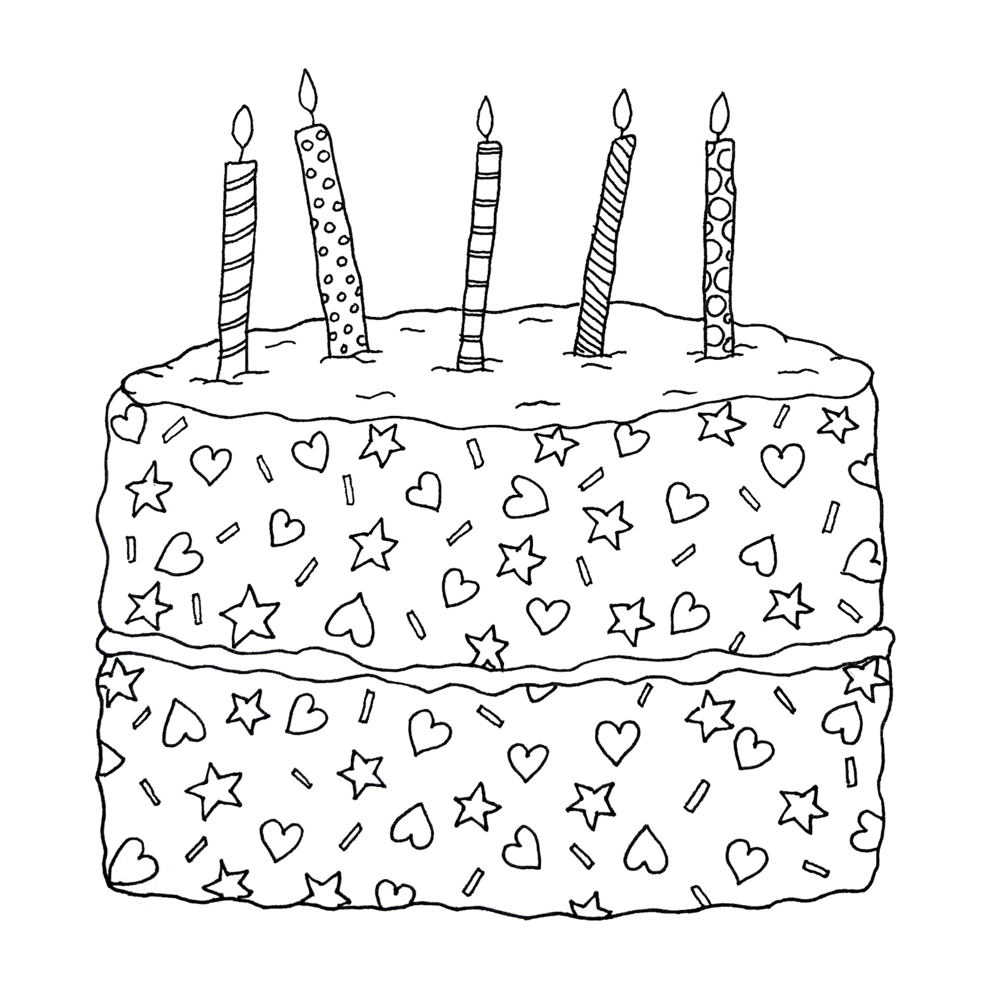 Illustration shows a 2 tier birthday cake made from sprinkles, hearts and stars with 5 candles made with stripes and dots. image is entirely black and white. 