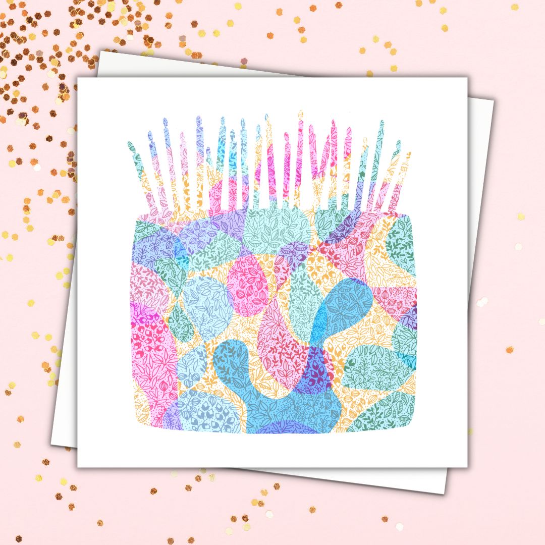 Image shows illustration of a colourful birthday cake with several candles on top. Image is laid on a mustard background with colourful dots at the top left corner.