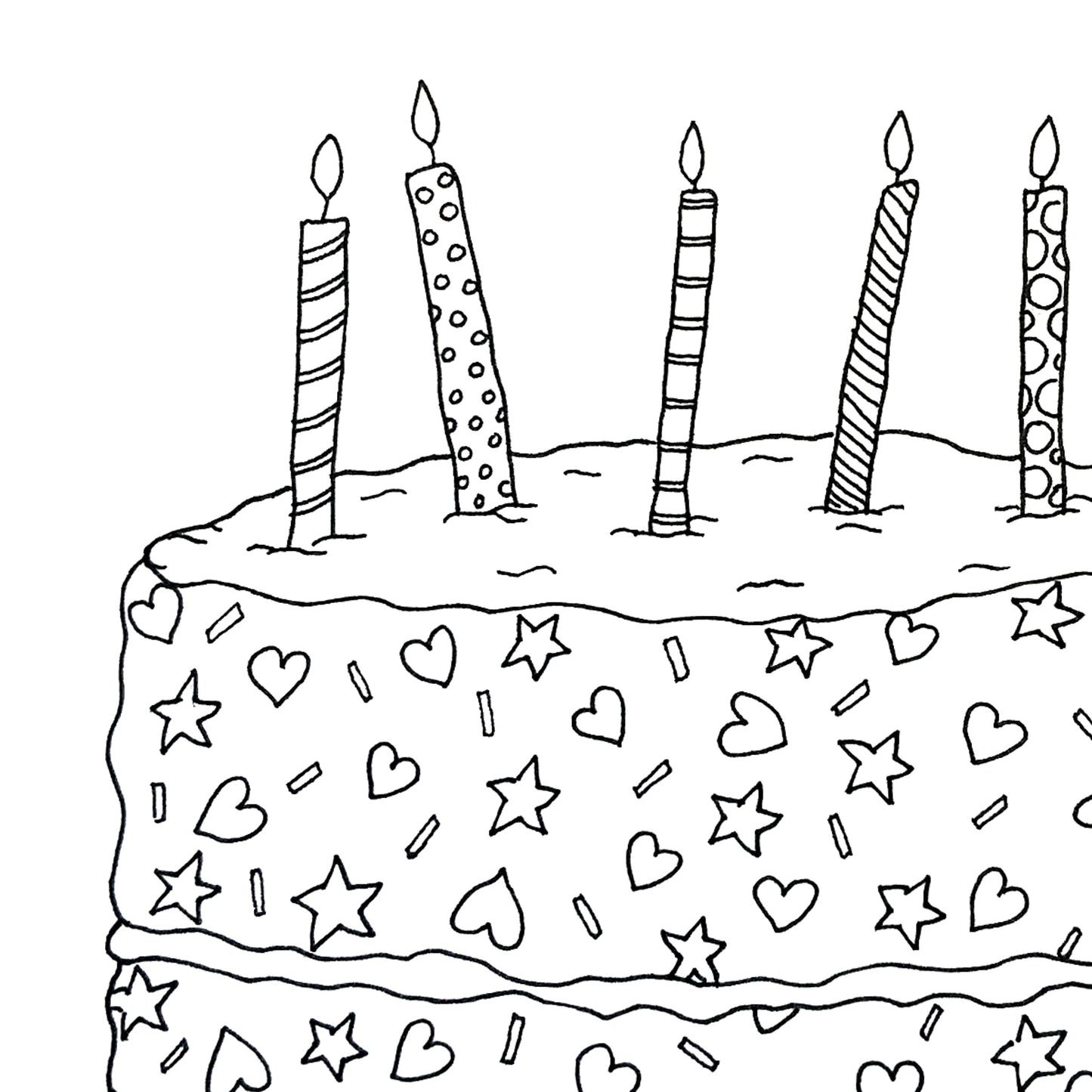 Closeup picture of our Birthday cake card made to be coloured in. There are lots of little details like hearts, stars, and sprinkles to be coloured in by children of all ages. There are 5 candles on top, all with different decorative shapes on them for coloring.