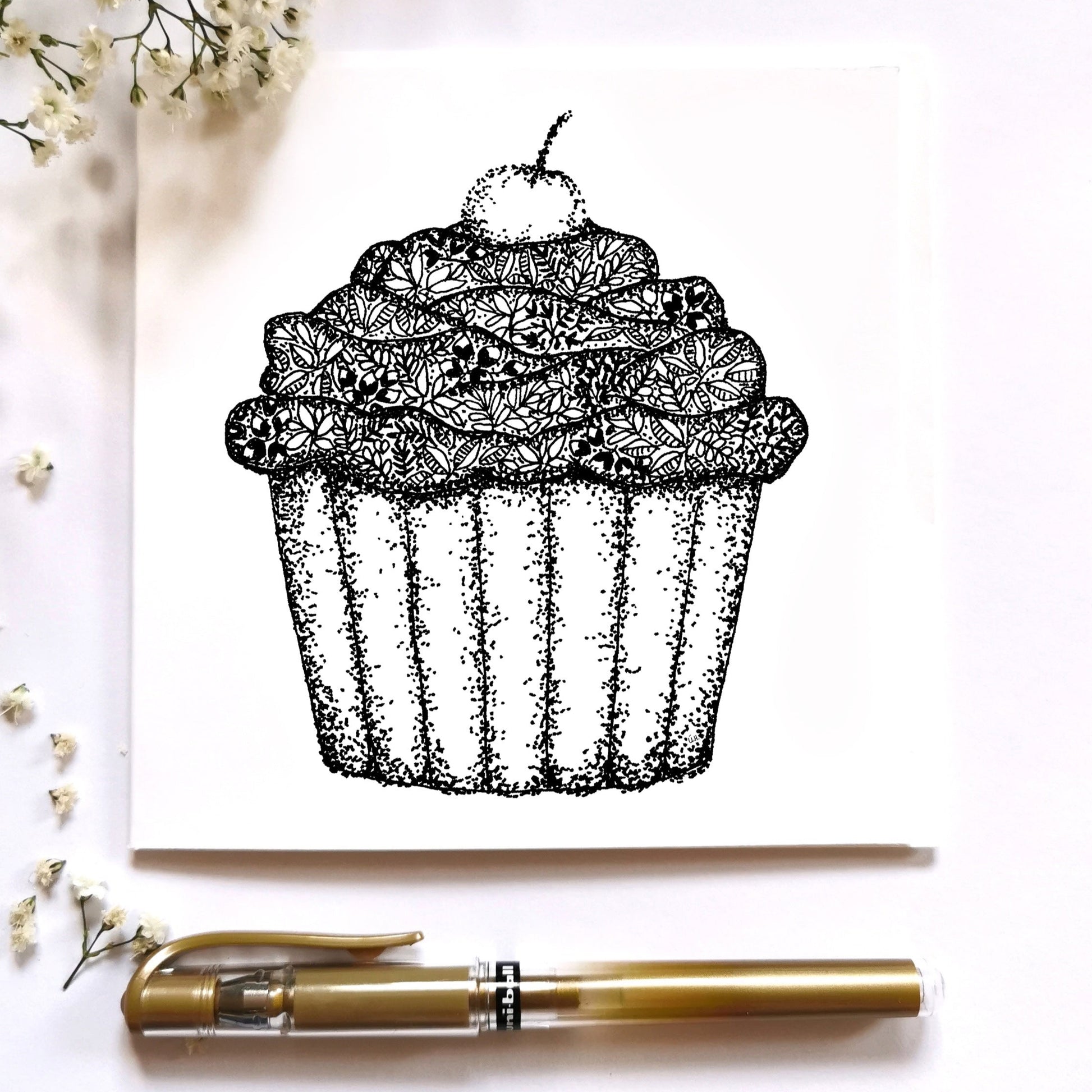 Image shows cupcake drawing with cherry on top. illustration is made from floral drawings and dots to show detail and give shadowing to image. 