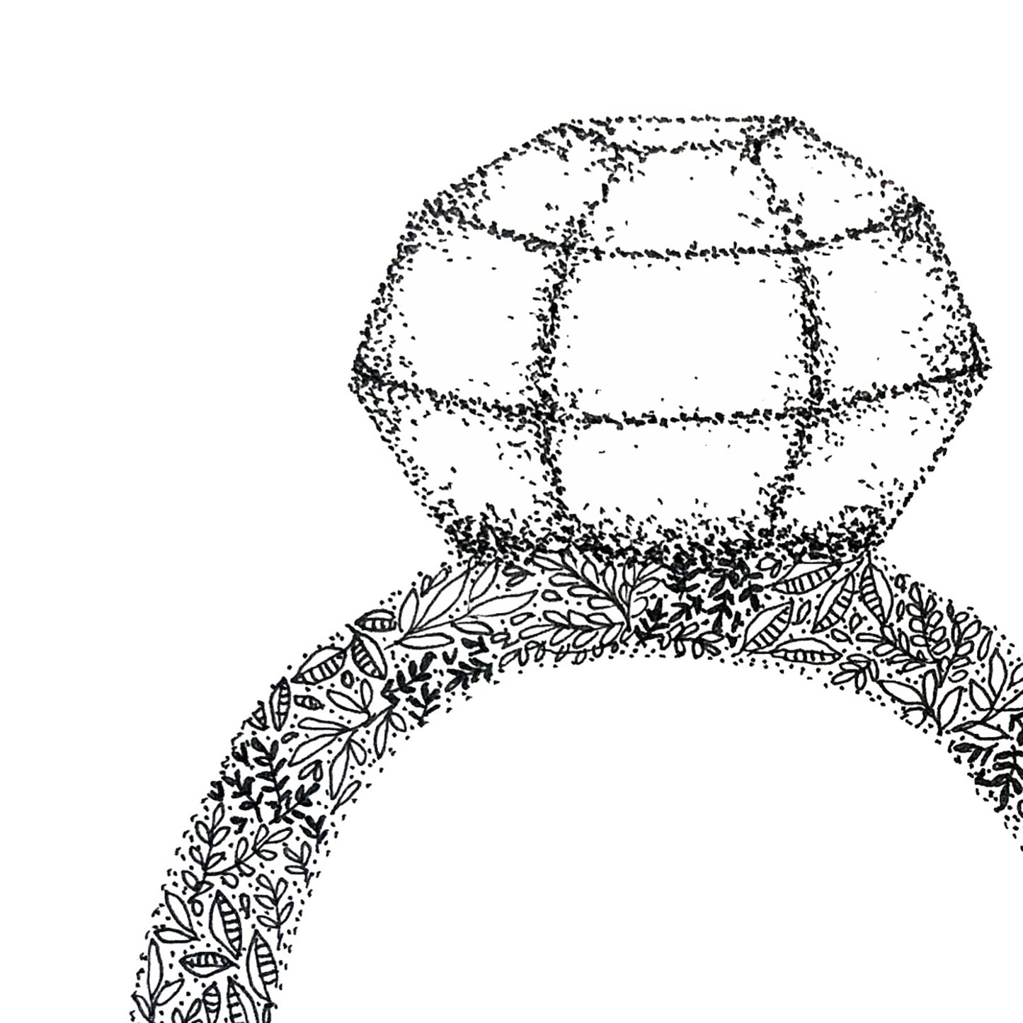 Image shows close up of the diamond from a diamond ring illustration. Image is made from black and white floral drawings and different sized dots. image is laid on a plain white background.