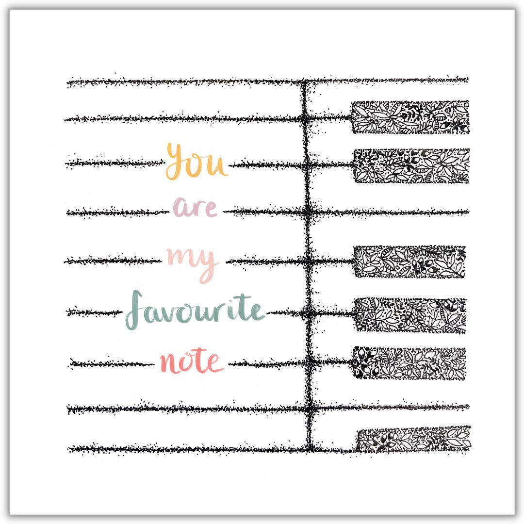 image shows a note list with the phrase ' YOU ARE MY FAVEOURITE NOTE' written down the middle of the illustration. the lines to write on are drawn from thousands of dots and there's floral designs on the right hand side. Image is shown with a plain white background to shown as purchased. 