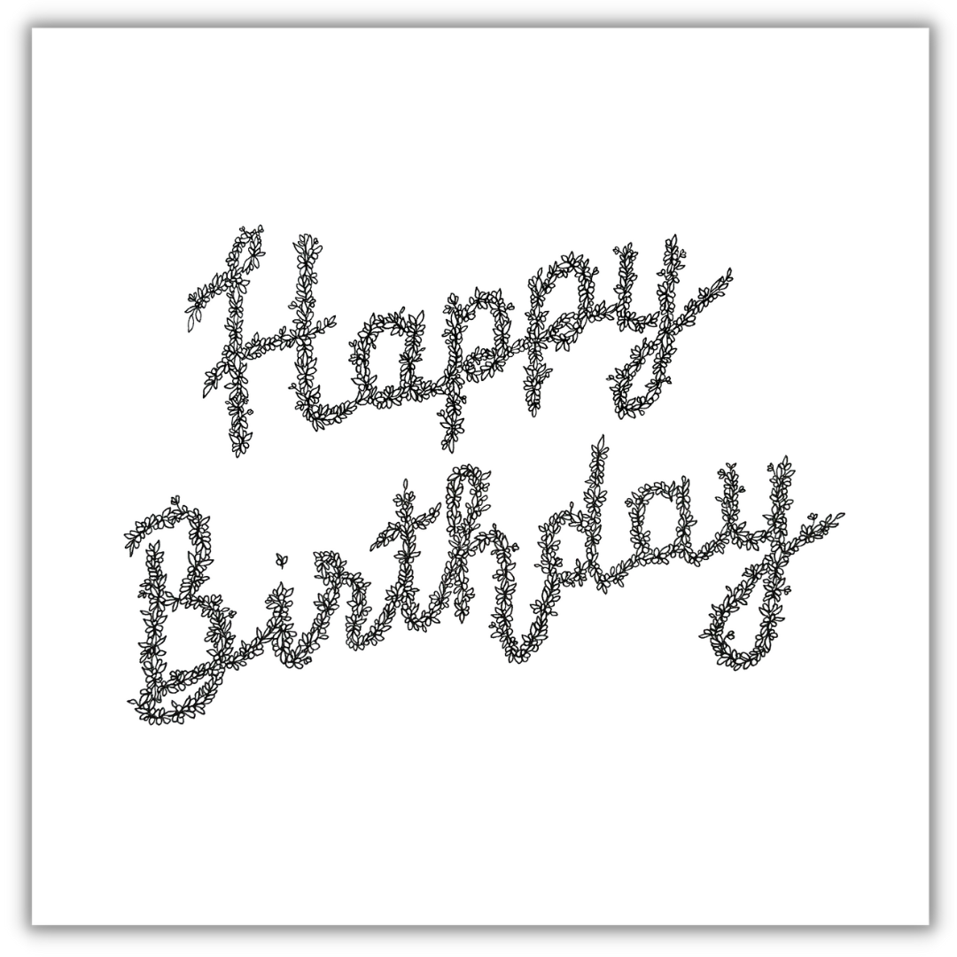 Image shows illustration of the phrase Happy Birthday drawn on a plain white canvas. there is a yellow border. 