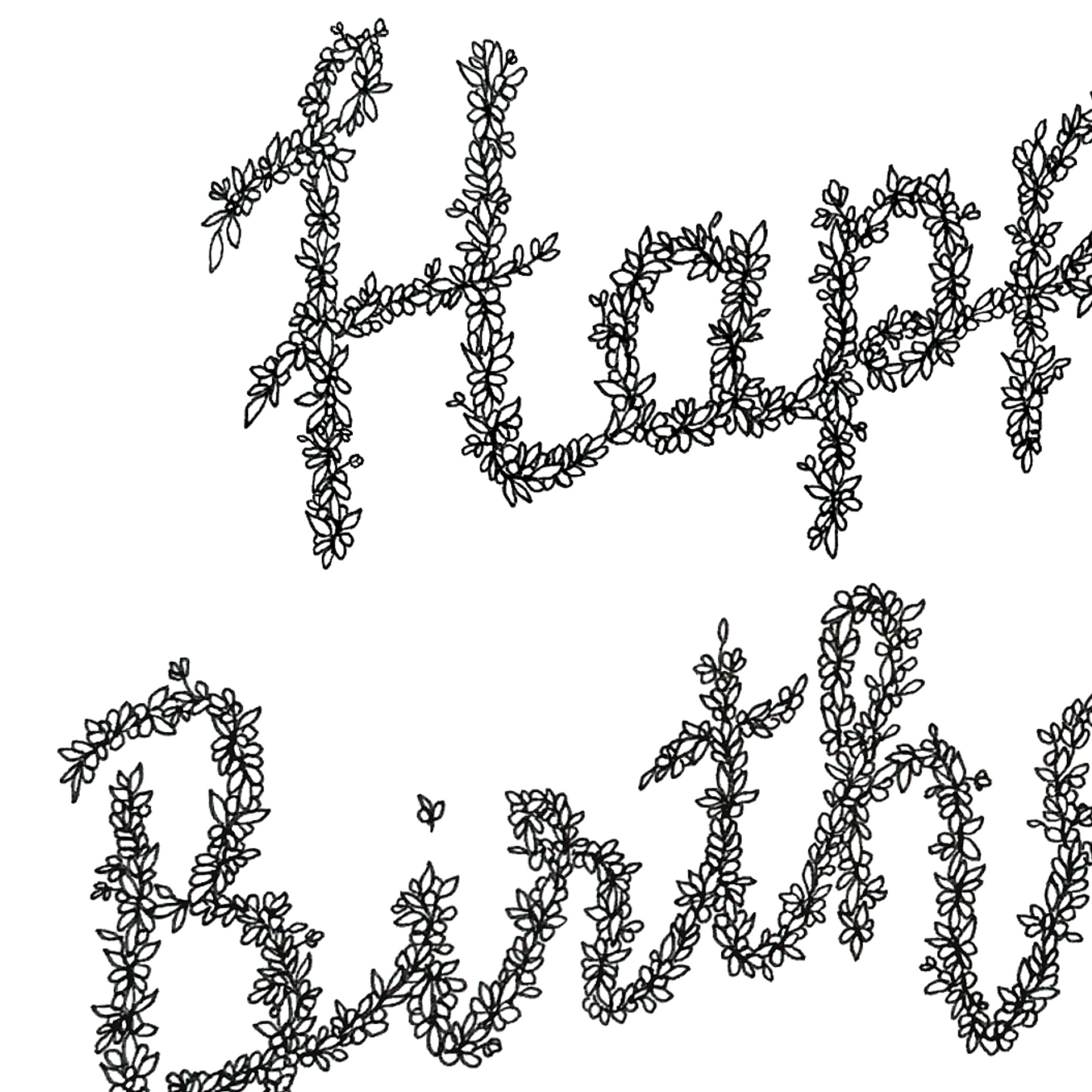 Image shows up close detailed Illustration card of the phrase Happy Birthday. The image is made entirely of flowers and is black and white. 