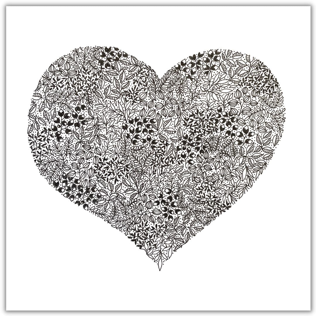 Image shows plain background full picture illustration of a heart made entirely from black and white flowers. 