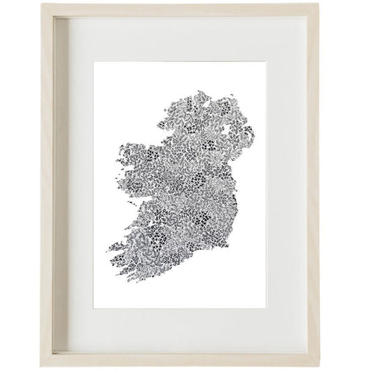 Image shows framed illustration of the map of Ireland. Image is made from many different flowers. 