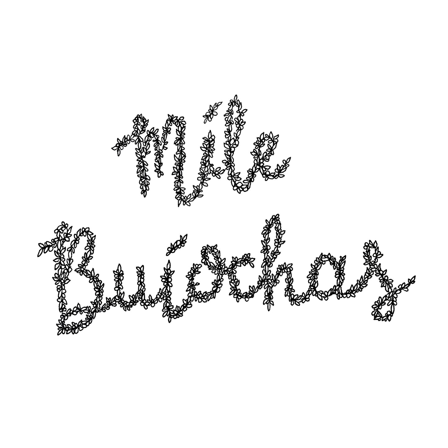 Image shows illustration of the Irish saying Míle Buíochas meaning Thanks A Million. illustration is drawn from petals flowers and a variety of plants. Image is entirely black. Image is set on a plain white background to shown how it looks when purhcased. 