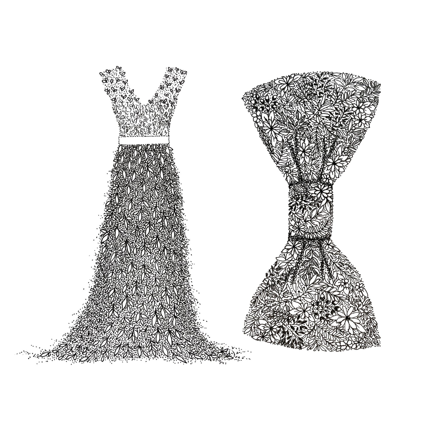 Image shows an illustration of a MR & MRS card. The Mr is shown as a dickie bow hand drawn from flowers petal and plants whilst the MRS drawing is shown from a floral to the floor dress also made from floral drawings. Image is shown black and white. Image is shown on a plain white background to show as purchased . 