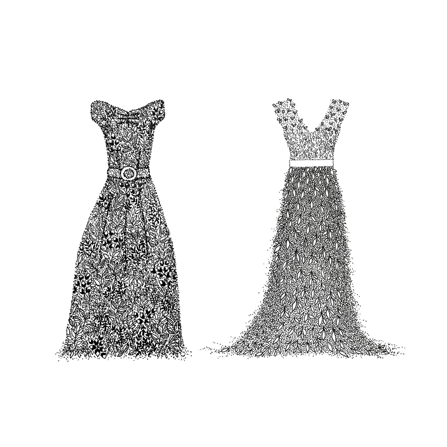 Image shows MRS & MRS card illustration. both titles are portrayed by dresses, the one on the left being a short sleeve dress with belt in the middle and more structure and the one to the right being a floral summer-y vibe dress more flowy. Both dresses are hand drawn using floral drawings. Image entirely black and white. Image is shown on a plain white card to display how looks when purchased. 
