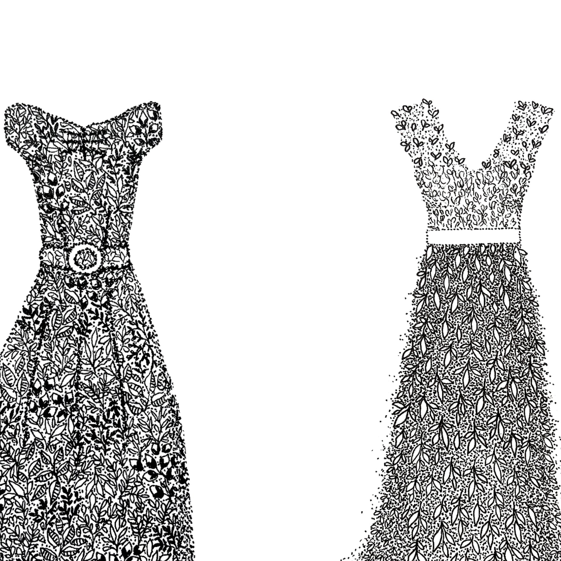 Image shows MRS & MRS card illustration. both titles are portrayed by dresses, the one on the left being a short sleeve dress with belt in the middle and more structure and the one to the right being a floral summer-y vibe dress more flowy. Both dresses are hand drawn using floral drawings. Image entirely black and white. Image is shown in a close up view to display the detail in the drawings. 