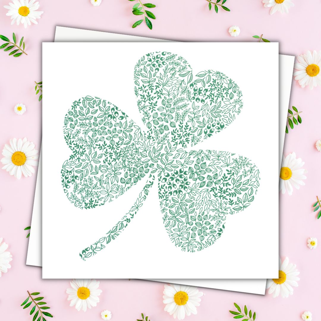 Image shows Green shamrock illustration , Irelands good luck symbol. Illustration is made from green floral drawings and illustration takes up whole page. 