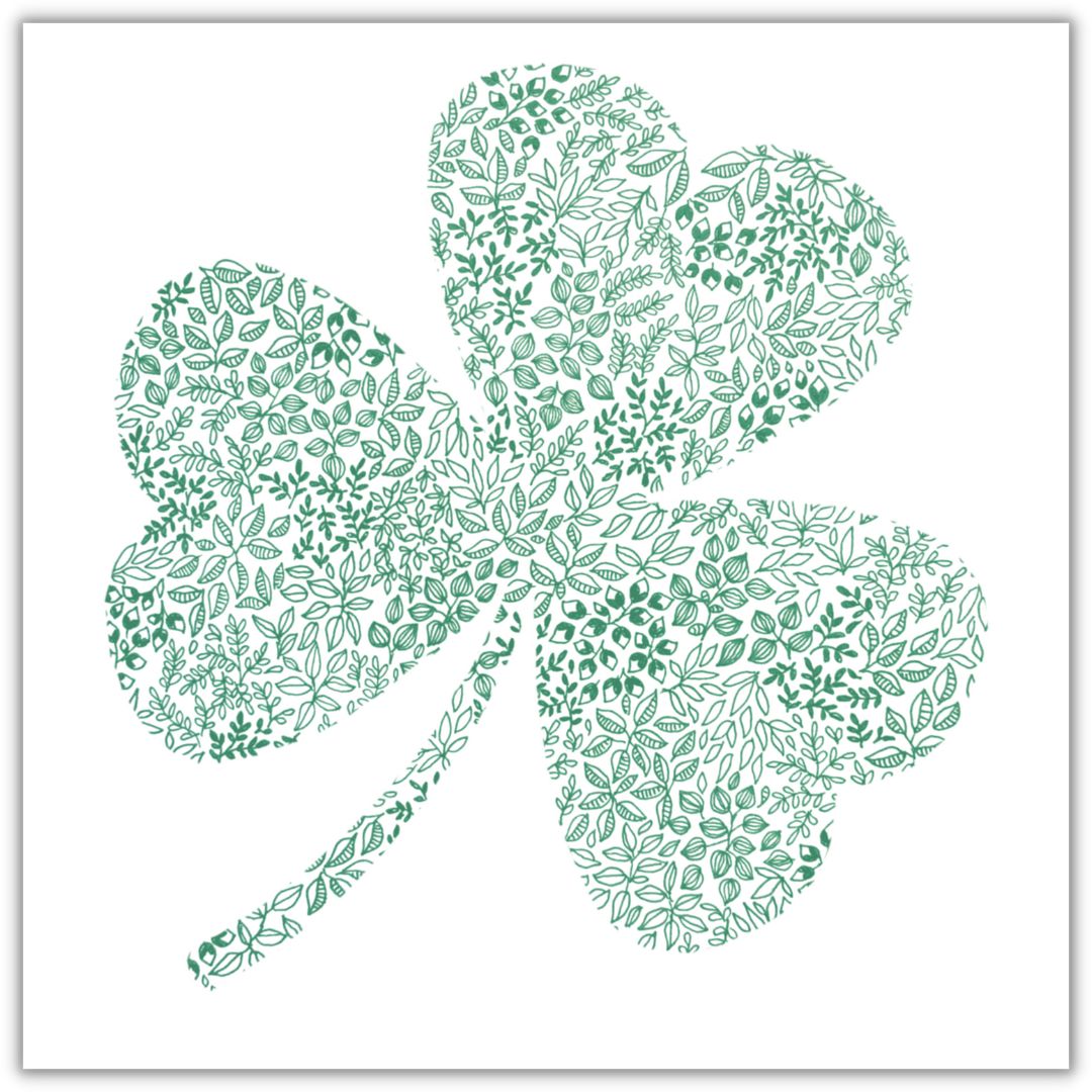 Image shows yellow outline drawing with the Irish Good luck symbol the Green Shamrock centred page. Image is entirely made from green floral drawings. 