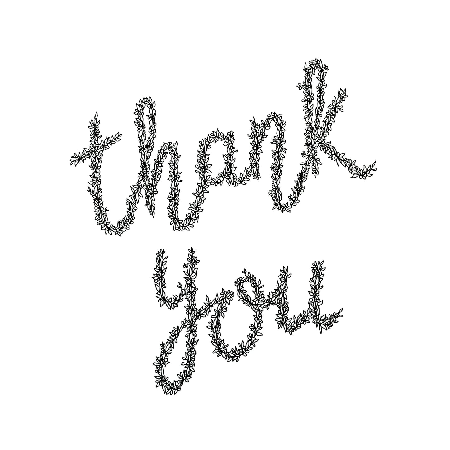 Image shows Thank you card made from black floral drawing. Image shown with white background. 