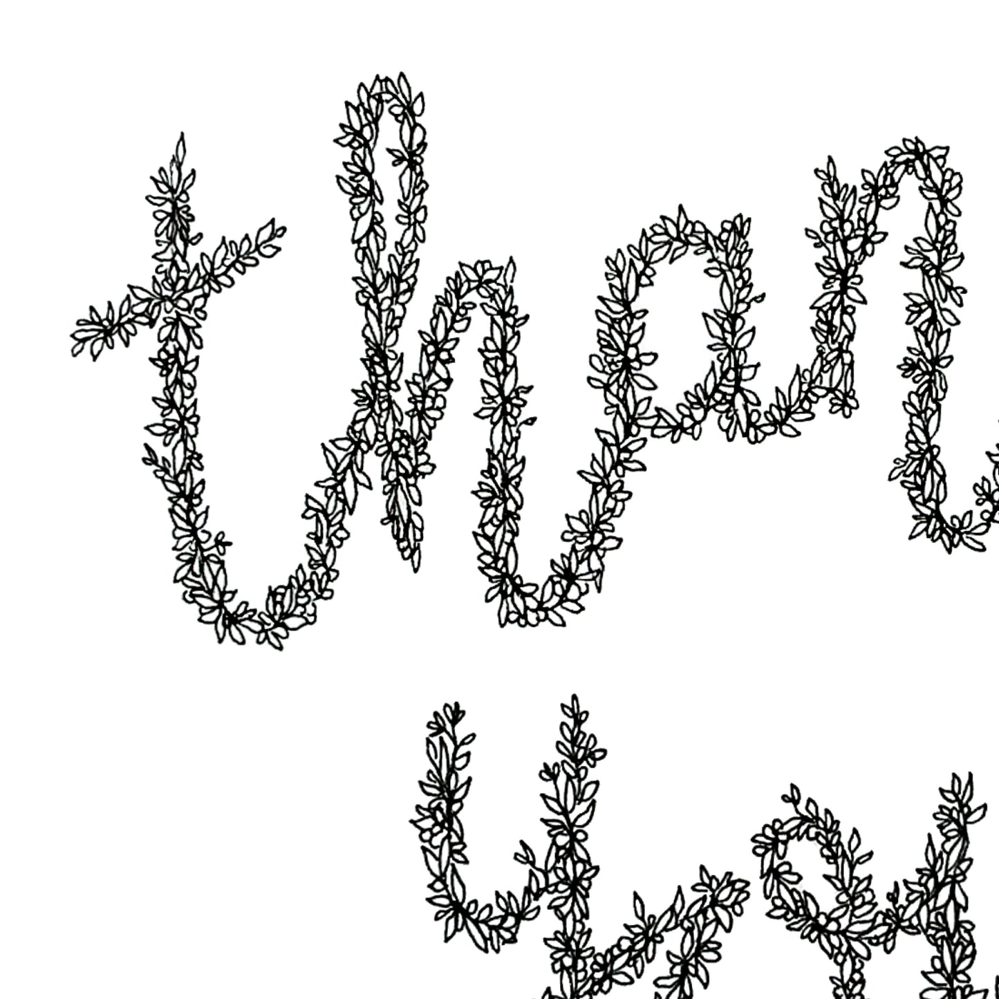 Image shows Thank you card made from black floral drawing. image shown in a close up view to detail floral drawings. 