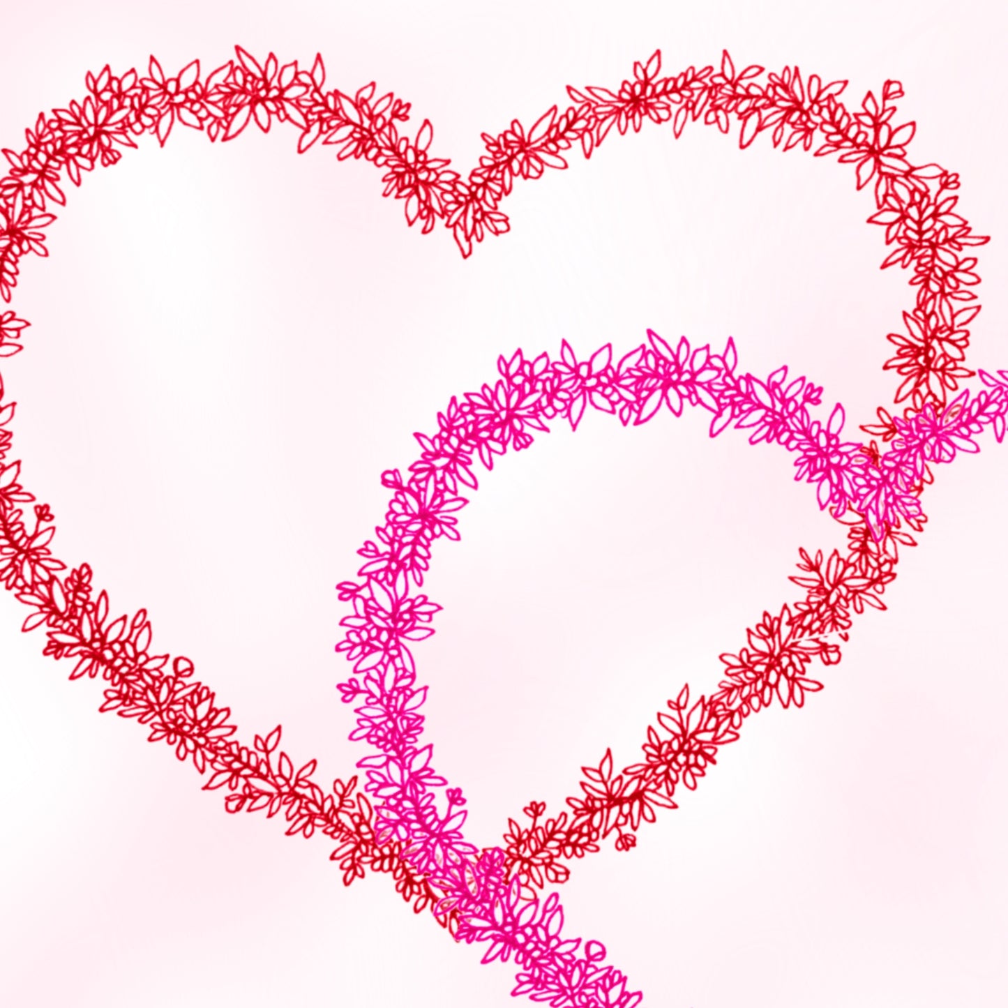 Image shows two hearts ( red & pink) illustration made from floral drawings. hearts meet ways. Image is shown in a close up view to display the detailed floral drawing. 
