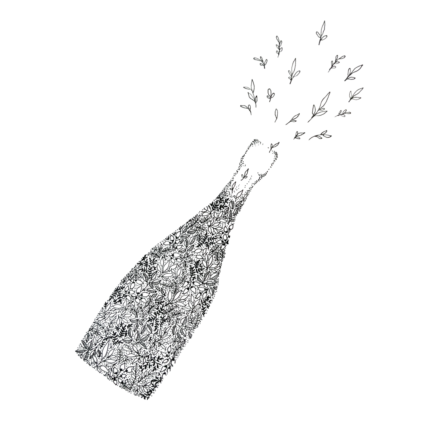 illustration shows black and white floral champagne bottom drawing. Image is in a zoomed out setting to show the full body of the bottle.