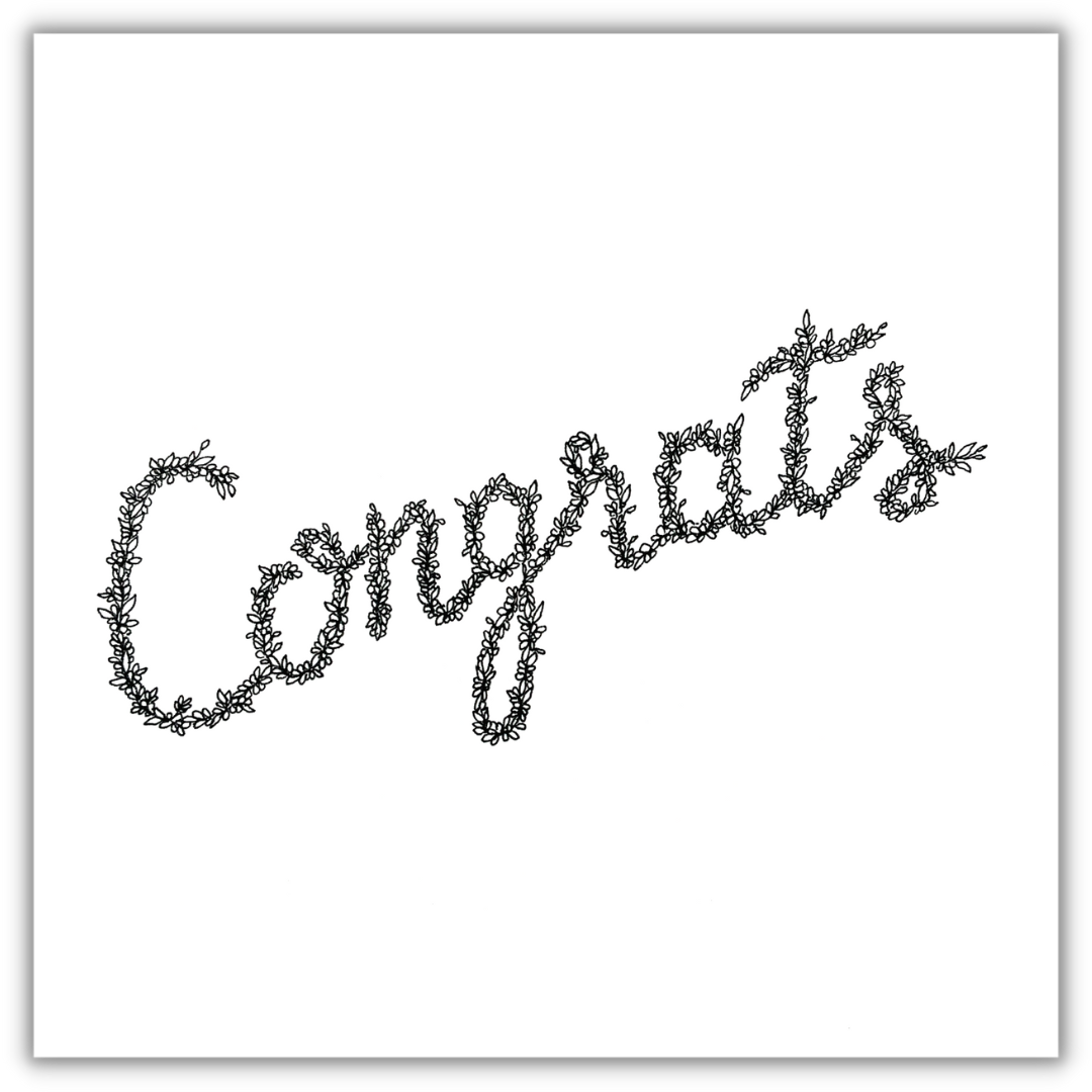 Image shows illustration of the word congrats written entirely in black and white floral drawings.