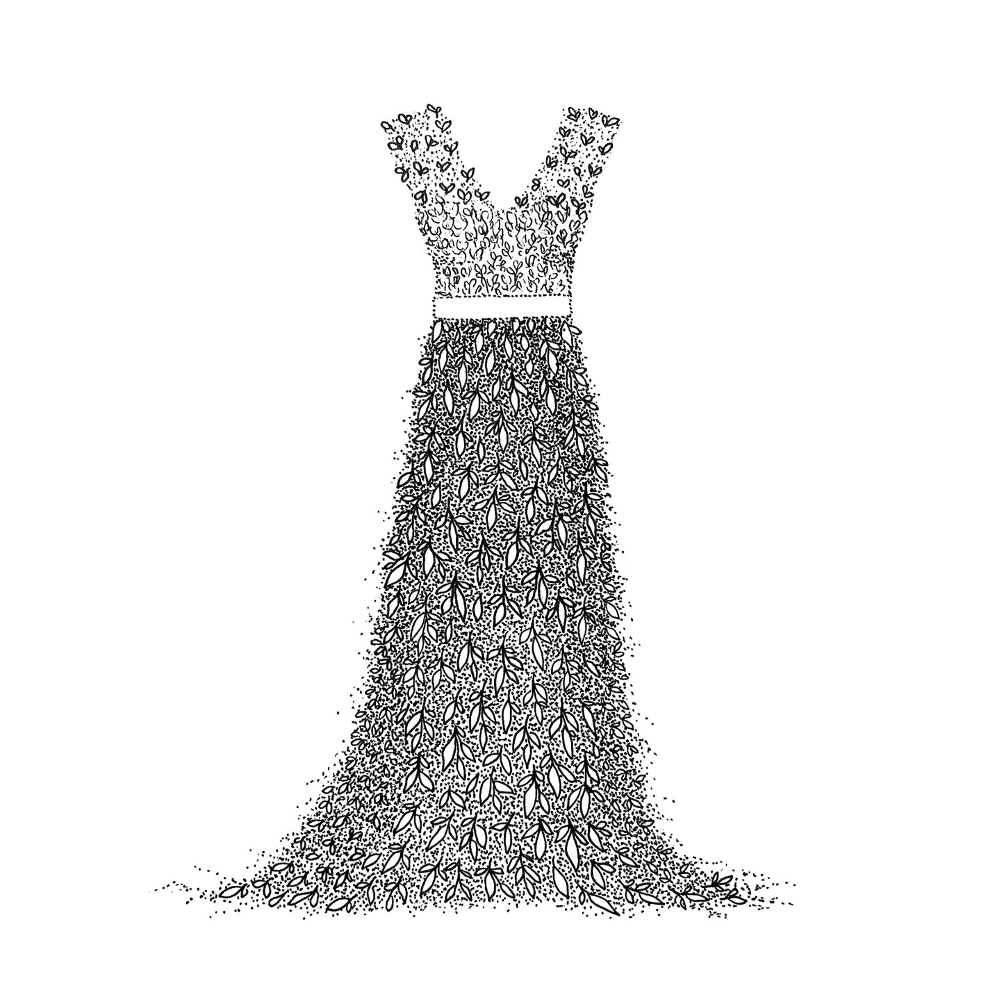 Image shows a floral wedding dress made from a black and white floral drawing. Image is show with a plain white background. 