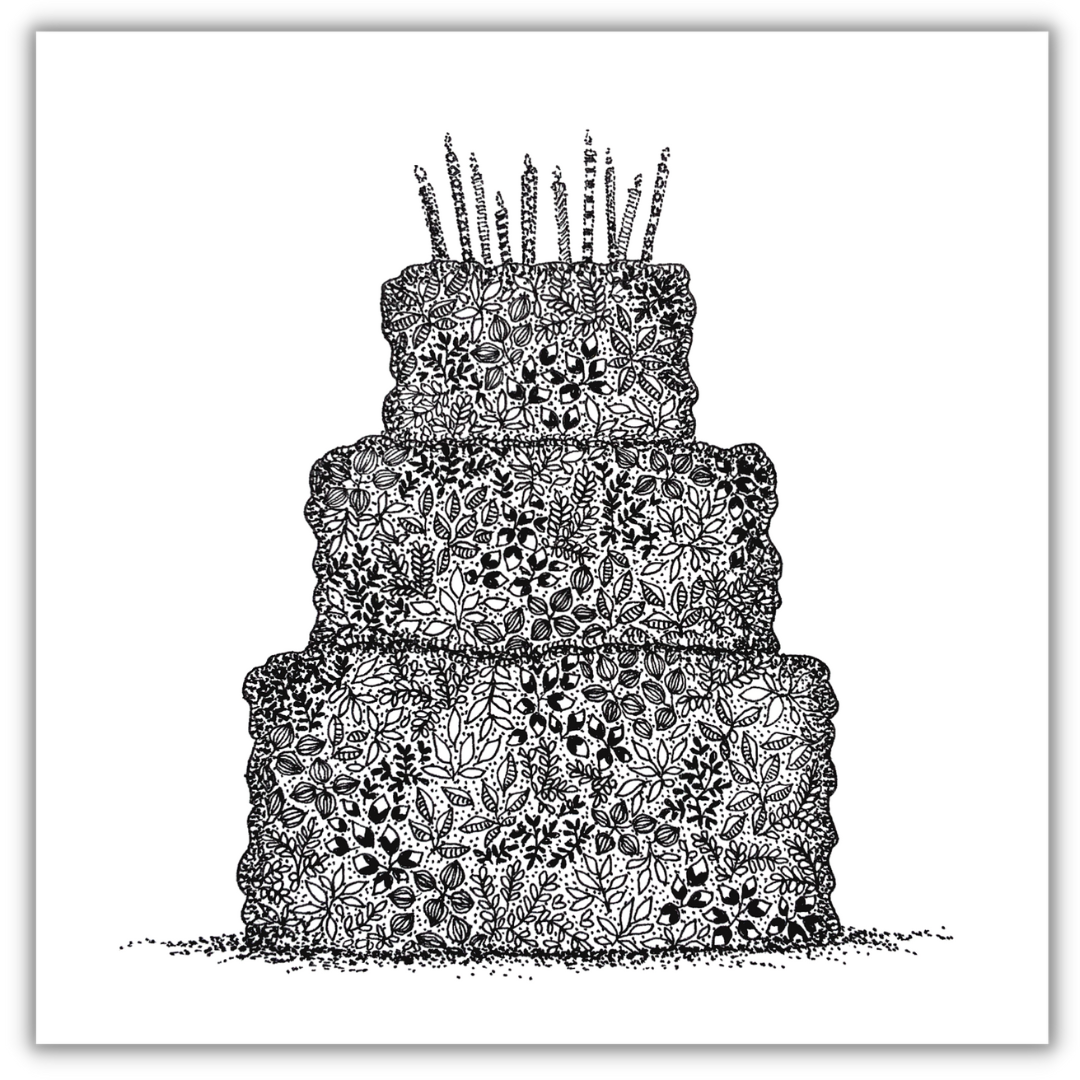 Image shows illustration of 3 tier cake made entirely of black and white flowers. plain white background. Each tier gradually smaller then the other. 