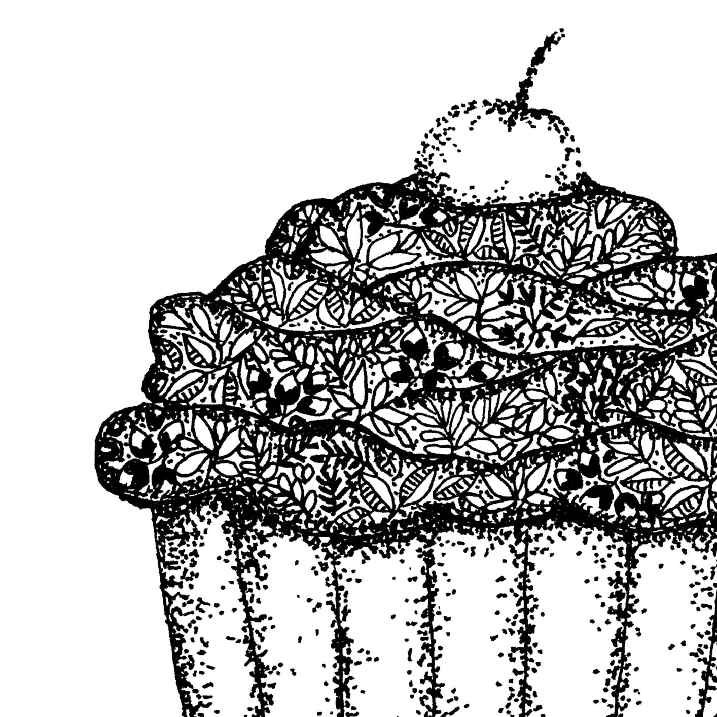 Image shows close up of cupcake illustration drawn from flowers and dots all black and white. image has white background and has great detail shown from the dots and coloured in flowers.