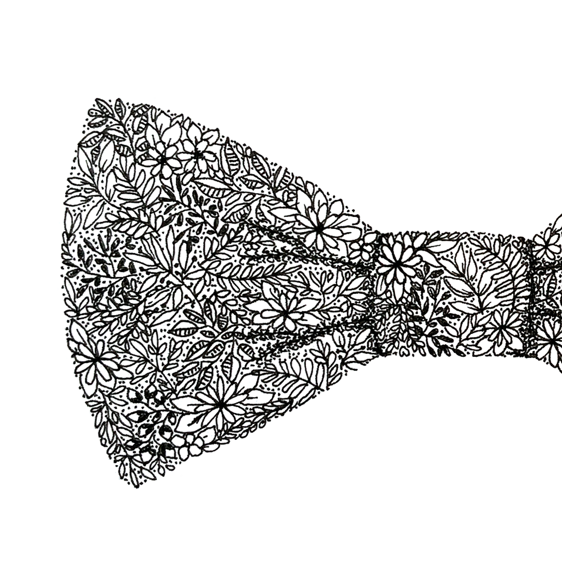Image shows close up of an illustration of a bow. Great detail to be seen in the black and white floral drawings that the bow is made up of. the left side and middle of the bow to be seen in this image. 