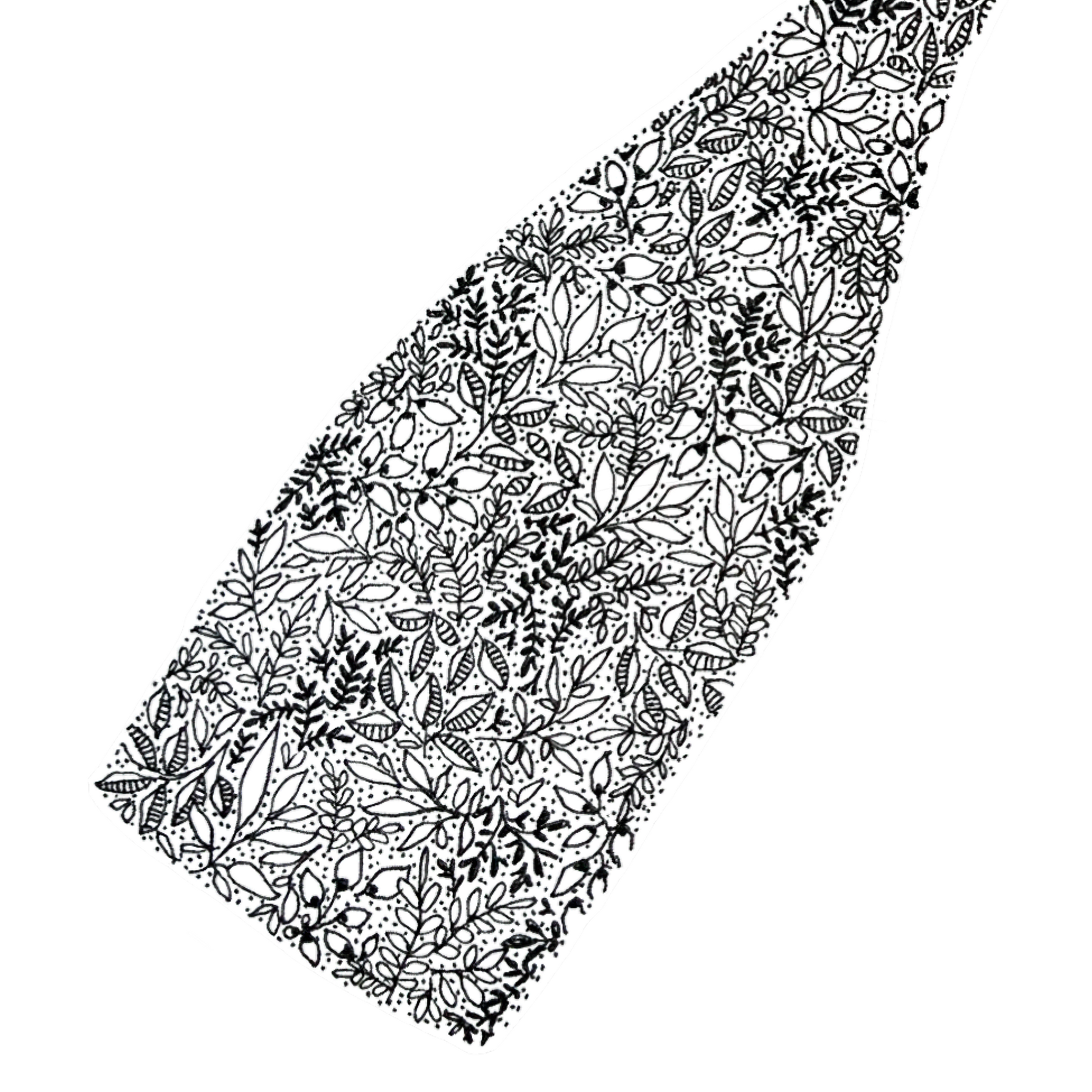 Image shows bottom half as a close up picture of a bottle of champagne. Image is made entirely of black and white flowers. image is showing great detail. Illustration is set on a white background.